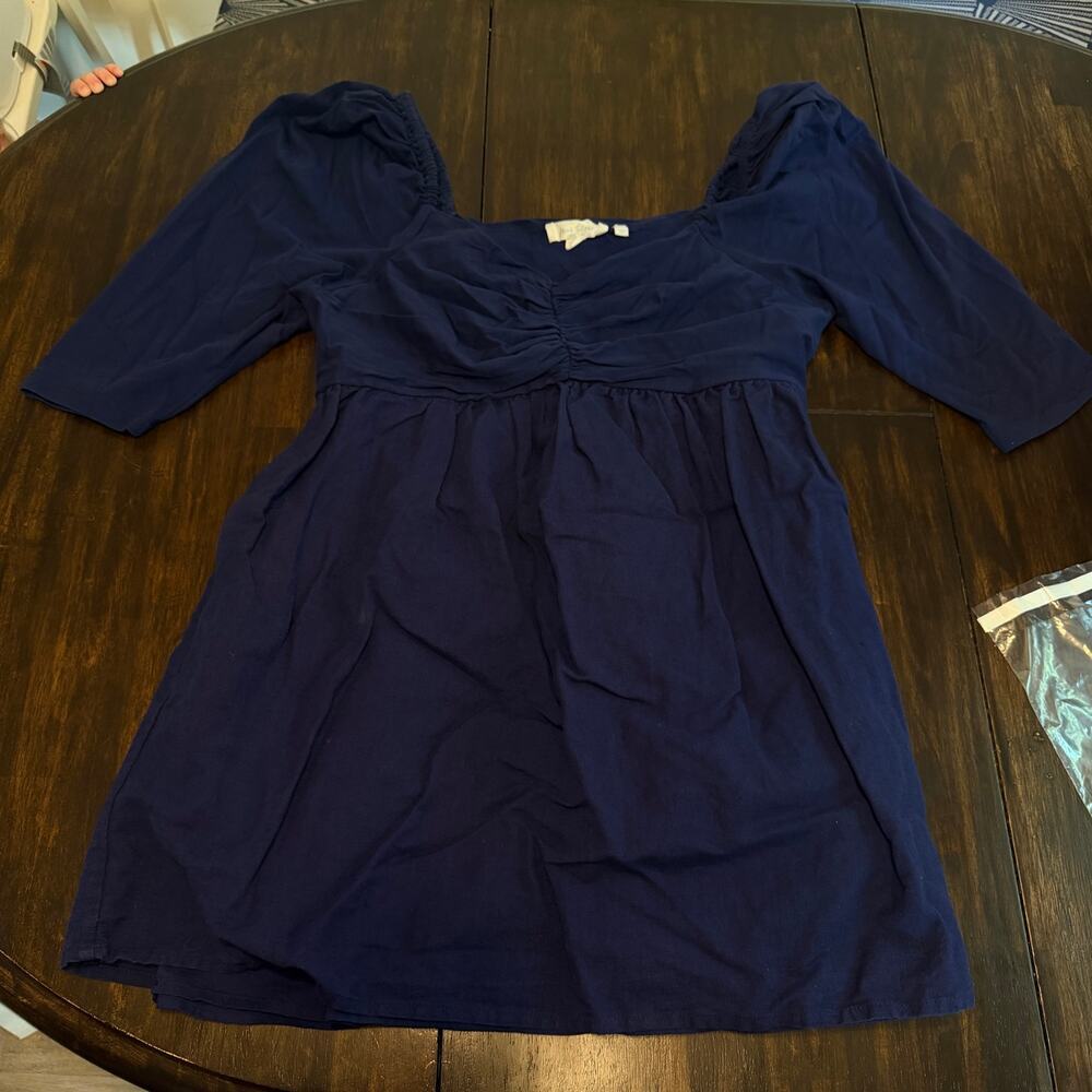 Anthro forever that girl navy puff sleeve ruched linen mini dress a line - Picture 2 of 11